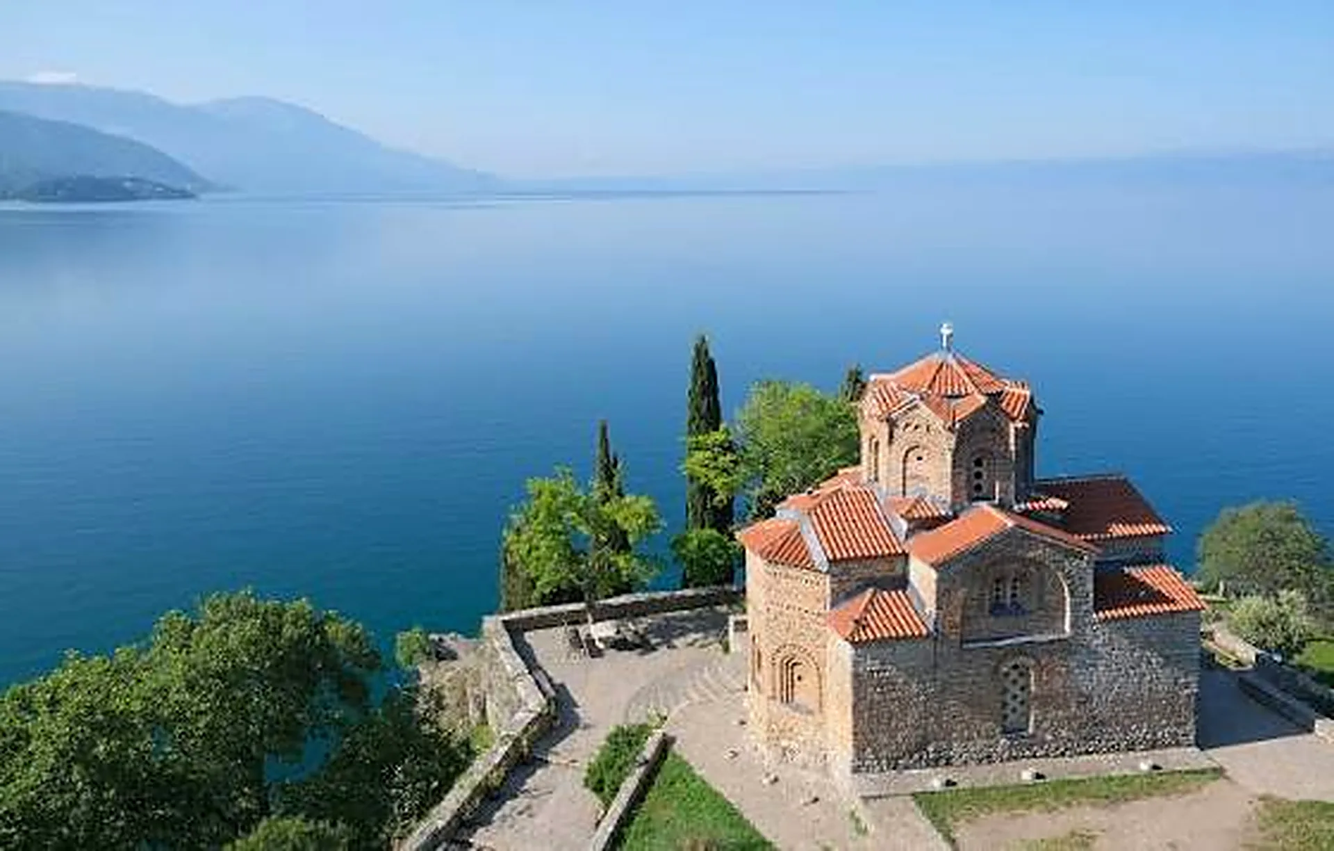 View of Lake Ohrid with the church of St. John at Kaneo on the shore
