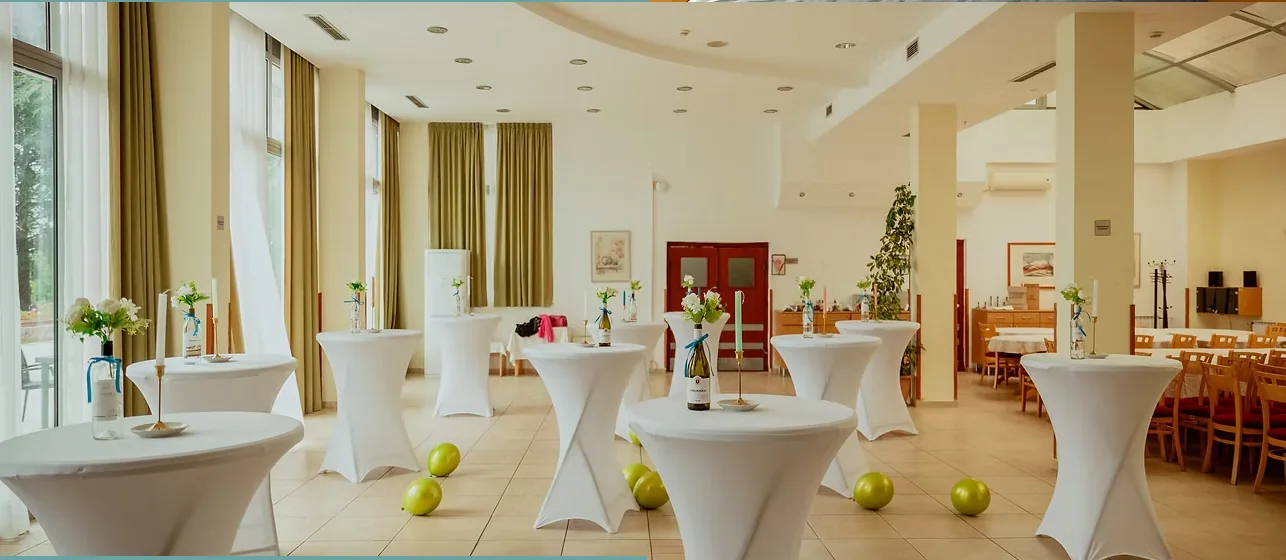 The foyer of the Congress Center in Ohrid, set with standing tables before a conference reception
